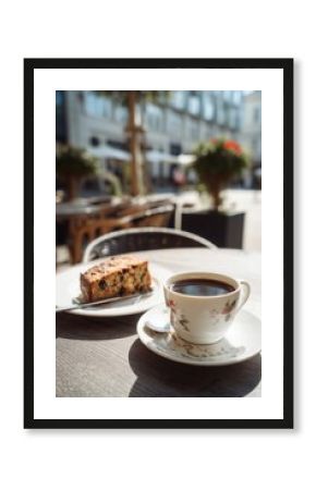 Outdoor Cafe Scene with Coffee and Cake Slice on Table in Sunlight Close Up View