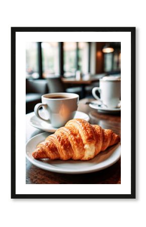 Primo piano con tazze di caffè e dolci per colazione, sullo sfondo una elegante luminosa lounge
