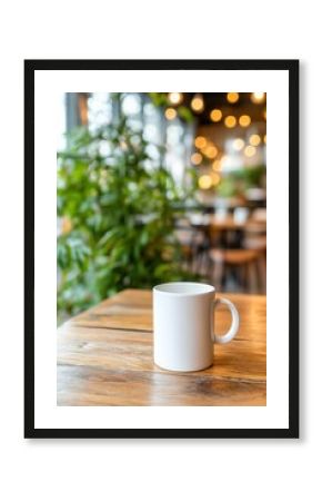 Empty white mug on wooden table in cafe (1)