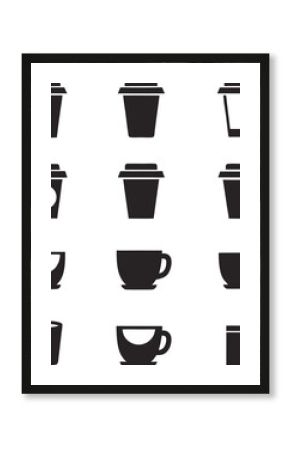 Set of simple black coffee and beverage icons representing various cup types suitable for cafes and restaurants