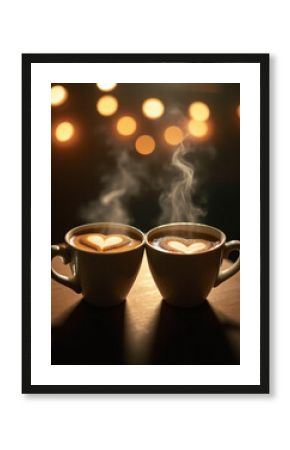 Dos tasas de café parecen unirse al compartir corazones de espuma en su liquido.