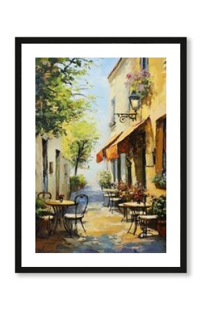 Oil painting of a vintage cafe terrace in a quiet alley