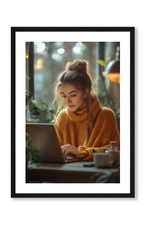Woman in warm sweater working on laptop in cozy cafe