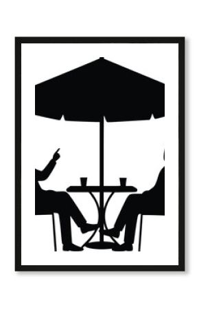 Silhouette of two individuals at an outdoor cafe table with drinks and umbrella on a sunny day