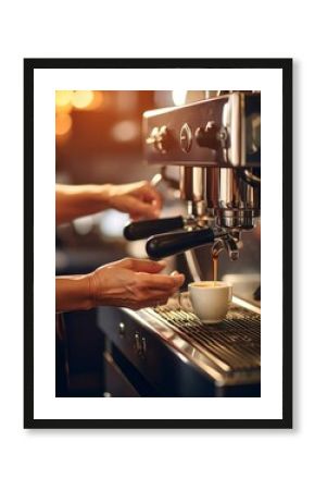  Experienced senior woman operating a professional espresso machine in a coffee shop.