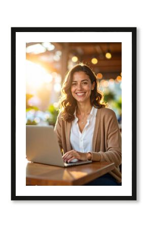 Editorial portrait of a young professional woman smiling while working on a laptop in a cozy cafe.
