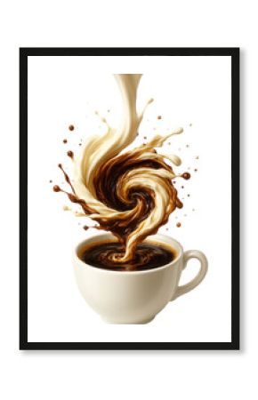 Milk cascading into coffee, forming a smooth vortex.