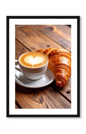 A cozy café scene with a golden croissant and a cappuccino topped with heart-shaped latte art, served on a rustic wooden table warm and inviting.