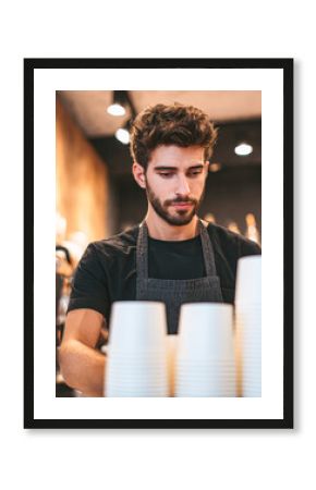 A focused barista in a cafe prepares beverages, surrounded by stacked white disposable cups in a warmly lit setting.