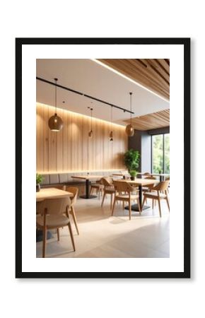 Modern cafe interior with wooden accents