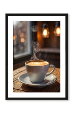 Cozy Morning Latte: A Warm Café Scene for Seasonal Editorials and Café Promotions, social media campaigns, or promotional assets for fall/winter menus  