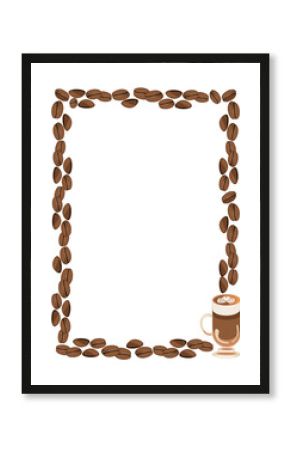 coffee beans and latte frame border Vector illustration of a blank page framed with realistic coffee beans and a cup of layered latte. Minimal design ideal for café menus, coffee shop flyers, autumn