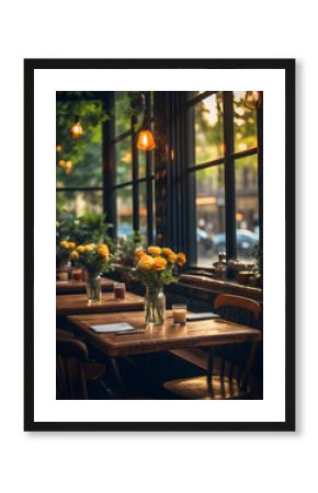 Warm vintage café interior with wooden tables, fresh yellow flowers in a vase, and soft glowing pendant lights by the window.