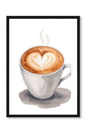 Heart Latte Art Coffee Cup Watercolor Illustration.