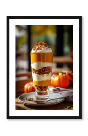 Vertical shot of layered pumpkin parfait in a tall glass with cream, granola and cinnamon, styled on a café table.