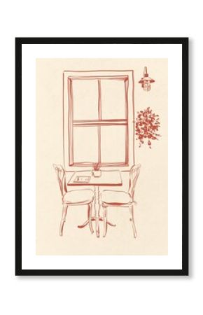 Romantic street cafe sketch table, window and lantern