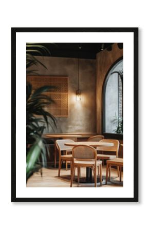 Modern cafe interior with dining tables and bar. Mockup wall