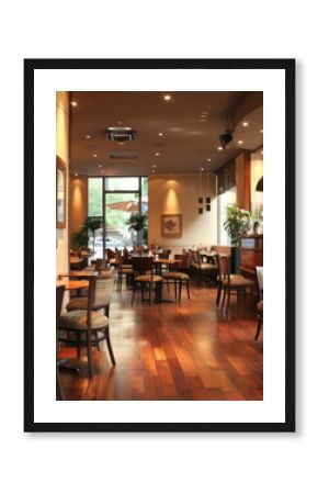 A warm and inviting modern cafe interior with wooden floors, stylish lighting, and neatly arranged tables and chairs near large windows.