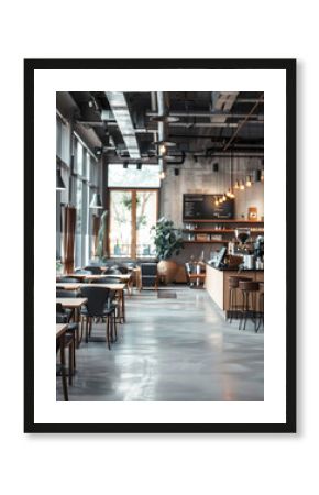A warm and inviting modern cafe interior with wooden floors, stylish lighting, and neatly arranged tables and chairs near large windows.