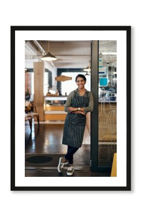 Happy woman, portrait or cafe with confidence for small business, entrance or welcome at indoor restaurant, Young, female person or waitress with smile, arms crossed or leaning on door at coffee shop