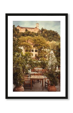 Cozy terrace with tables of cafe in Ljubljana, Slovenia