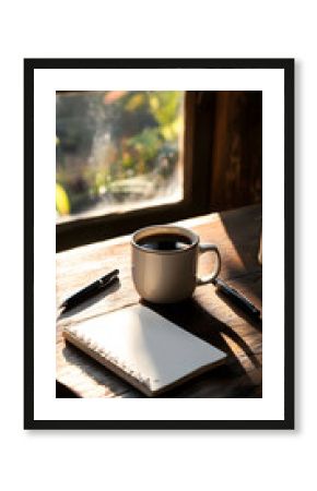 Caneca de café ao lado de um bloco de notas e uma caneta
