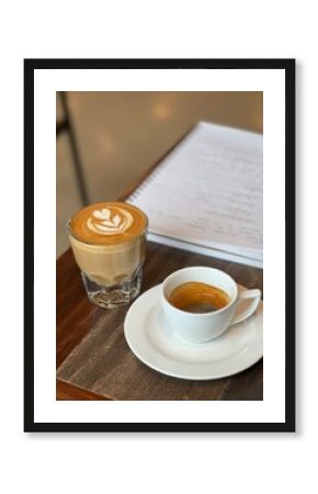 Cozy café scene with espresso in a white cup and latte with latte art in a clear glass on a rustic wooden table. Open notebook in the background, ideal for coffee culture, work from home, or relaxing.
