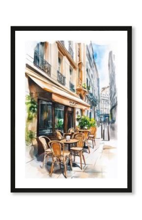 European Street Cafe: Watercolor Illustration of Cosy Terrace in City