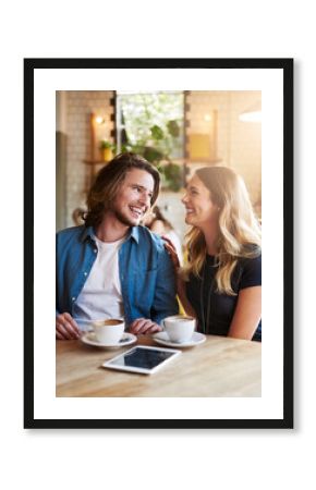 Coffee shop, happy and couple with drink in conversation for bonding, relationship and date. Morning, love and man and woman in restaurant, cafe and diner for latte, beverage and breakfast together