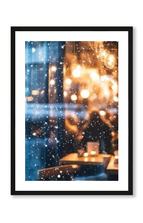 Cozy cafe interior with warm lights and snowfall outside