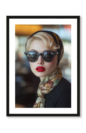 Blonde woman model wearing red lipstick, black sunglasses, and a scarf around her head, looking into the camera in a 1950s style, street cafe background