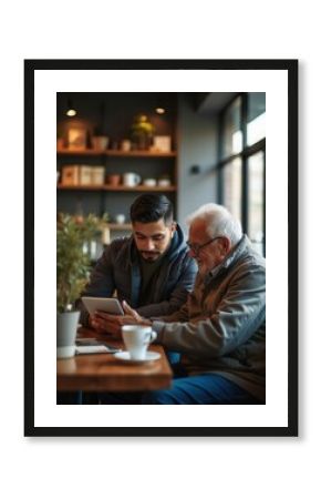 A younger man and an older gentleman are sharing a moment in a café, discussing something on a tablet. The warm atmosphere is enhanced by plants and wooden décor around them, creating an inviting envi