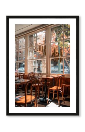 Rustic Restaurant interior serving Michelin Star Italian American Cuisine. Afternoon lighting on wooden interior furniture