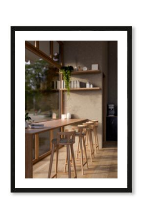 A contemporary, cozy coffee shop cafe features a long wooden table with stools placed by the window.
