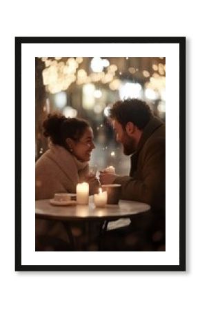 Cozy couple enjoying a warm drink in a candlelit cafe with twinkling lights, AI