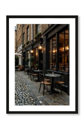 Cozy café alley in London with metal tables on cobblestones.