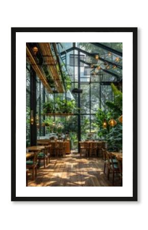 Enchanting greenhouse style cafe interior with lush greenery blooming plants and natural sunlight streaming through glass walls creating a serene and tranquil dining experience
