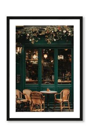 A charming cafe exterior features green walls, floral decor, and cozy wicker seating, inviting patrons to relax.