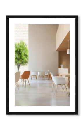 Modern interior of a cozy cafe with minimalist design and natural light entering