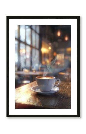 Steaming cup of coffee on a stone countertop surrounded by scattered coffee beans and green plant in a cozy cafe setting. Generative AI