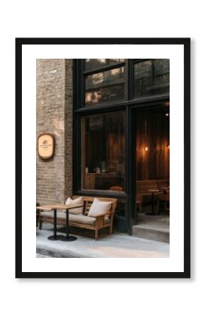 Cozy Urban Cafe Entrance with Outdoor Seating and Warm Lighting