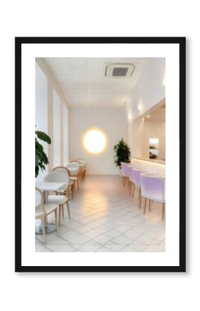 Minimalist cafe interior  sunlight illuminates circular wall art  white tables and chairs  plants add greenery  calm background suitable for relaxation or meeting