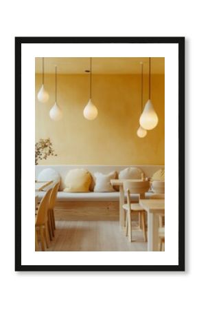 Minimalist cafe interior with yellow walls and wooden furniture