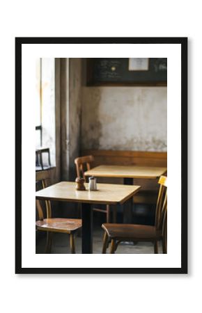 Cozy rustic cafe with wooden tables and chairs bathed in warm sunlight : Generative AI