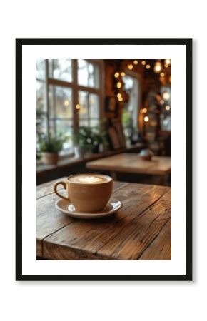 Cappuccino on rustic cafe table by window, cozy interior with lights