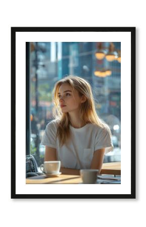 Modern indoor cafe with a woman wearing a t-shirt in soft afternoon light. Generative AI