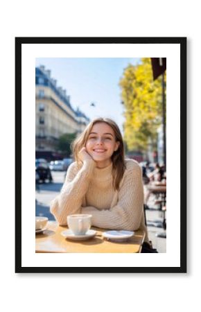 A young woman sitting at a sidewalk cafe with a happy smile, in Paris, warm sunny, day, busy street.