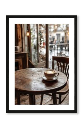 Coffee art on rustic wooden table in cozy cafe setting with blurred street view outside