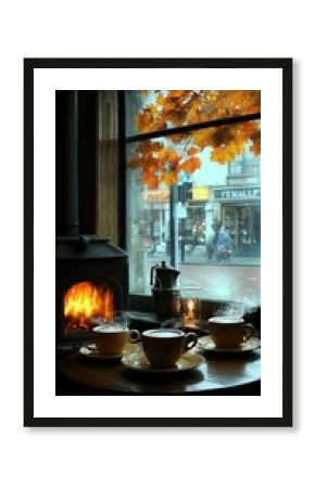 Cozy autumn cafe scene with steaming coffee.