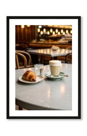 Delicious coffee with croissant and glass of milk on cafe table 